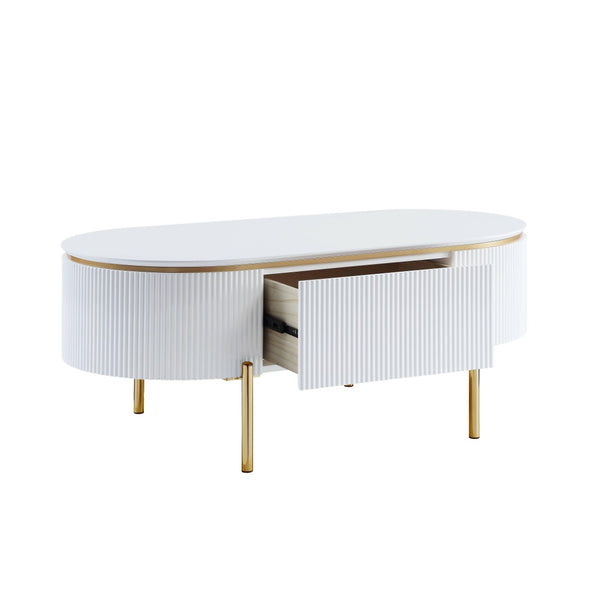 HomeRoots 47" White and Gold Oval Coffee Table with Drawer - Stylish Storage Solution for Modern Living Spaces 572279