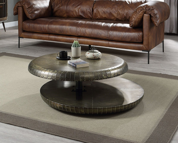 HomeRoots 39" Bronze Aluminum Round Coffee Table with Shelf – Vintage Chic Design for Stylish Living Spaces 572280