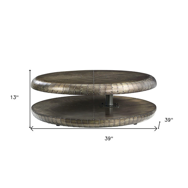 HomeRoots 39" Bronze Aluminum Round Coffee Table with Shelf – Vintage Chic Design for Stylish Living Spaces 572280