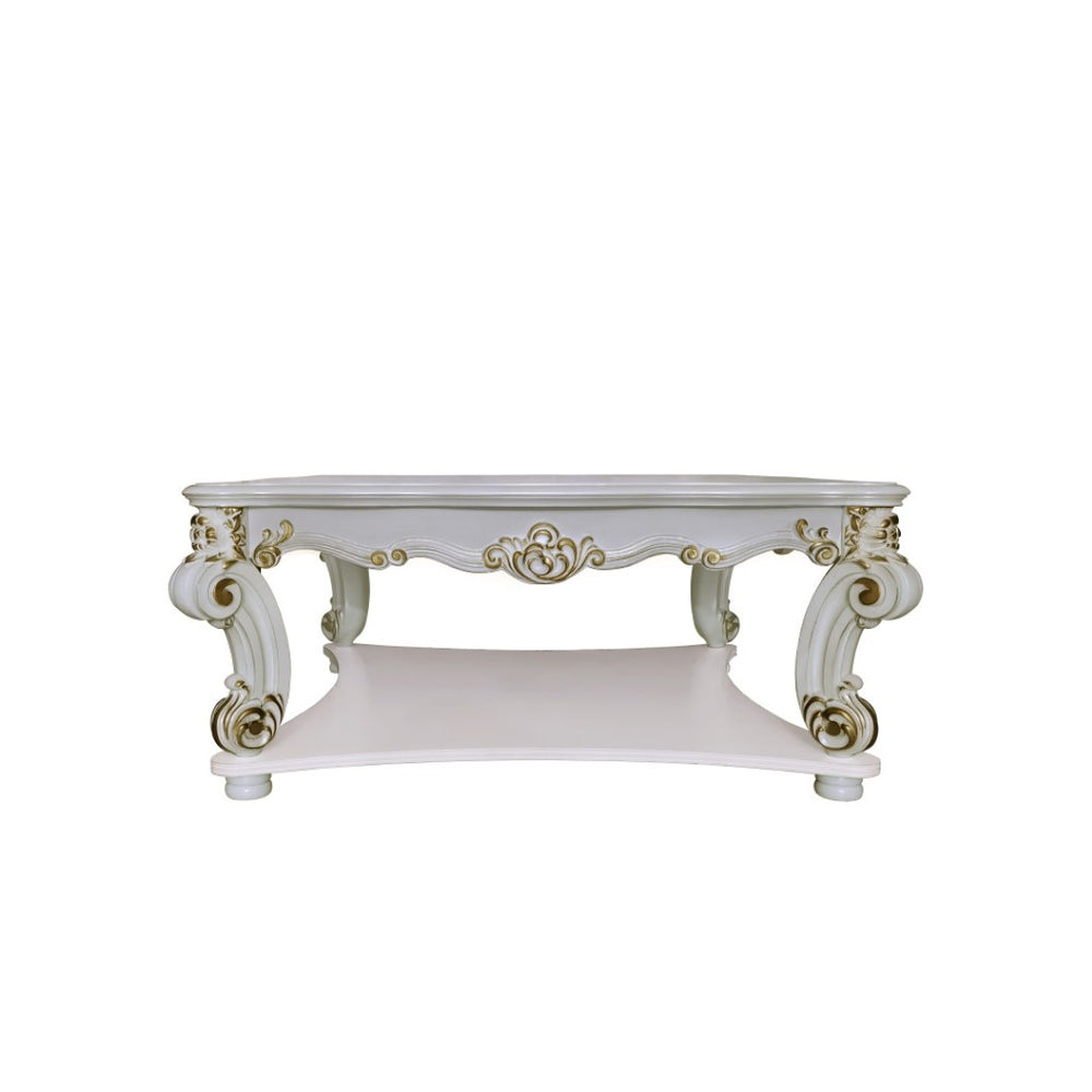 HomeRoots 58" Elegant Ivory & Gold Wood Square Coffee Table with Storage Shelf for Timeless Style & Durability 572288