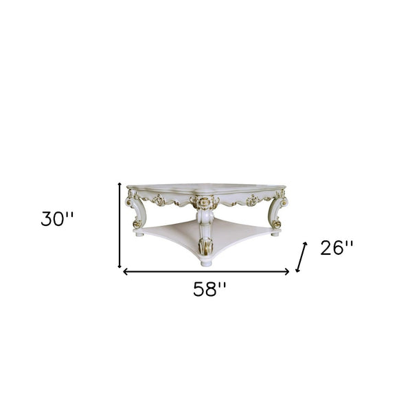 HomeRoots 58" Elegant Ivory & Gold Wood Square Coffee Table with Storage Shelf for Timeless Style & Durability 572288