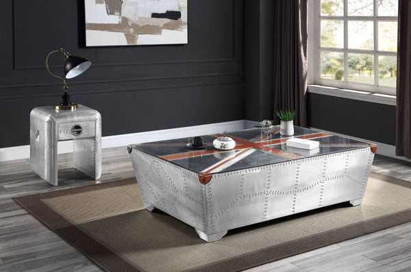 HomeRoots 64" Aviator Coffee Table with Union Jack Design - Industrial Silver & Bold Blue Red Accents 572289