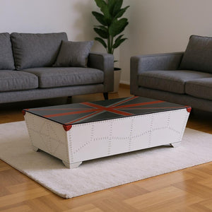 HomeRoots 64" Aviator Coffee Table with Union Jack Design - Industrial Silver & Bold Blue Red Accents 572289