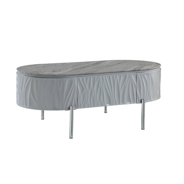 HomeRoots 47" Gray Oval Coffee Table with Drawer - Modern Wood & Steel Design for Stylish Living Spaces & Storage 572291