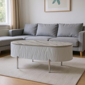 HomeRoots 47" Gray Oval Coffee Table with Drawer - Modern Wood & Steel Design for Stylish Living Spaces & Storage 572291