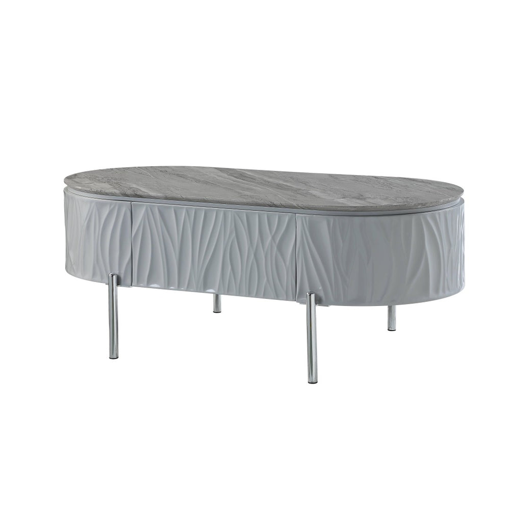 HomeRoots 47" Gray Oval Coffee Table with Drawer - Modern Wood & Steel Design for Stylish Living Spaces & Storage 572291