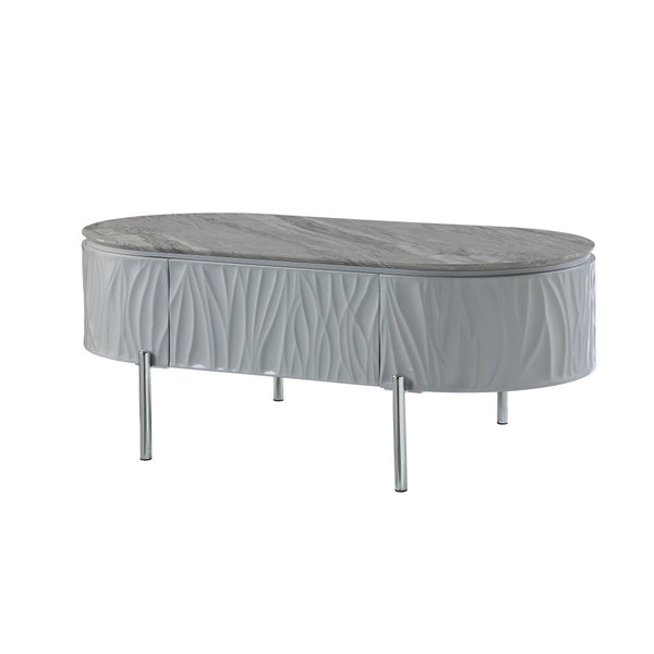 HomeRoots 47" Gray Oval Coffee Table with Drawer - Modern Wood & Steel Design for Stylish Living Spaces & Storage 572291