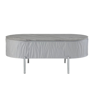 HomeRoots 47" Gray Oval Coffee Table with Drawer - Modern Wood & Steel Design for Stylish Living Spaces & Storage 572291