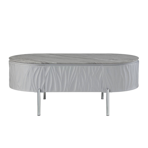 HomeRoots 47" Gray Oval Coffee Table with Drawer - Modern Wood & Steel Design for Stylish Living Spaces & Storage 572291