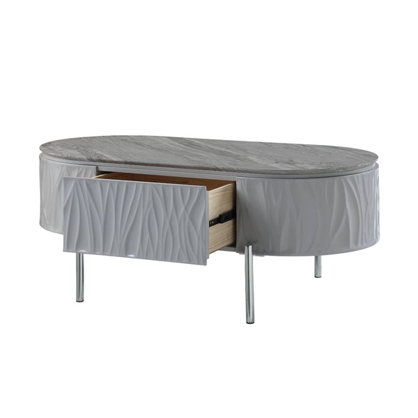 HomeRoots 47" Gray Oval Coffee Table with Drawer - Modern Wood & Steel Design for Stylish Living Spaces & Storage 572291