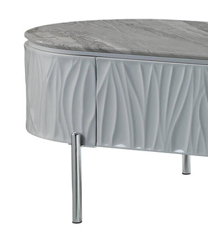 HomeRoots 47" Gray Oval Coffee Table with Drawer - Modern Wood & Steel Design for Stylish Living Spaces & Storage 572291