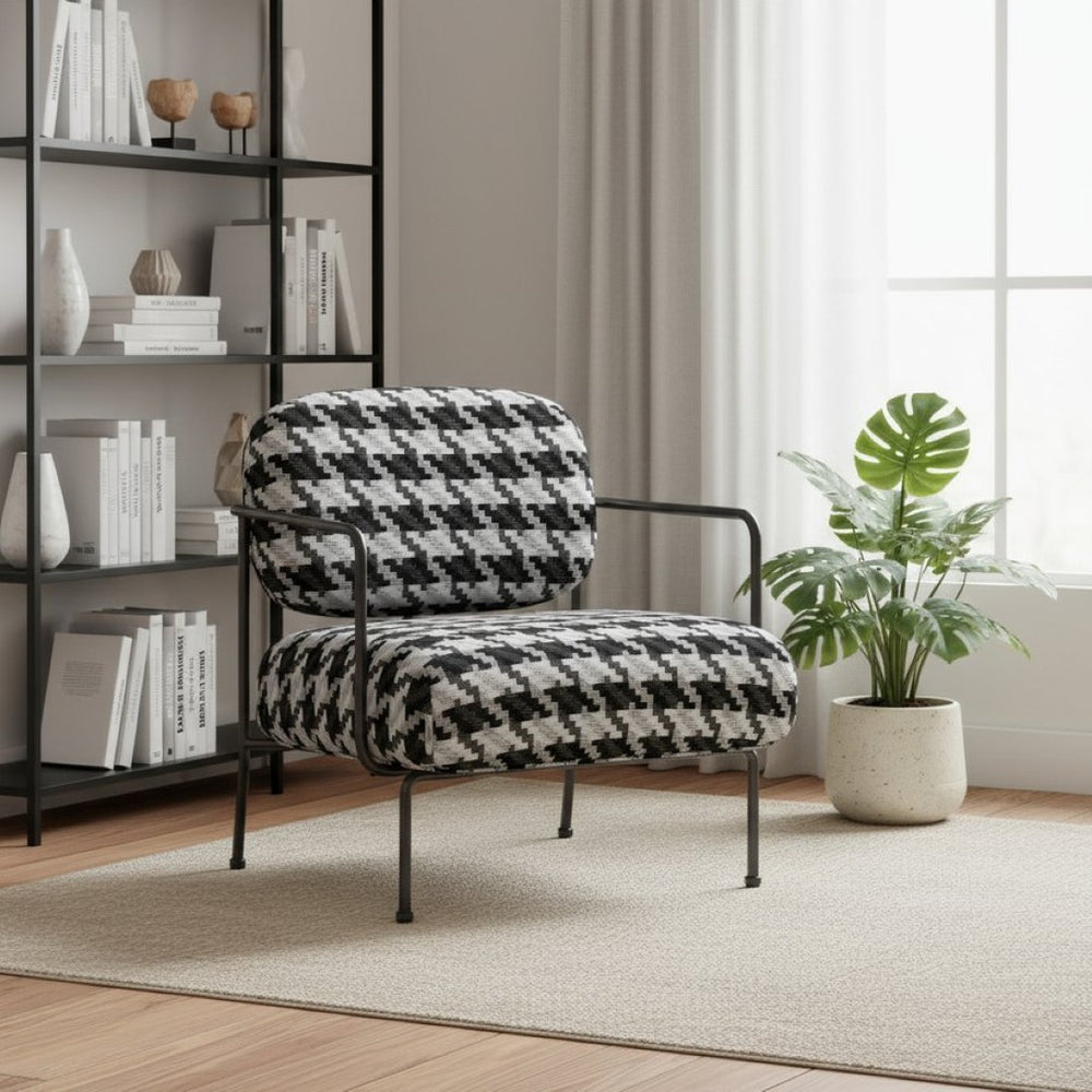 HomeRoots 29" Stylish Black and White Houndstooth Upholstered Arm Chair for Home and Office Comfort 572294