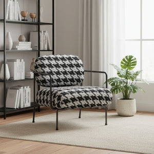 HomeRoots 29" Stylish Black and White Houndstooth Upholstered Arm Chair for Home and Office Comfort 572294