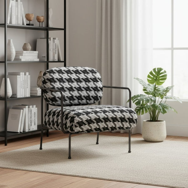 HomeRoots 29" Stylish Black and White Houndstooth Upholstered Arm Chair for Home and Office Comfort 572294