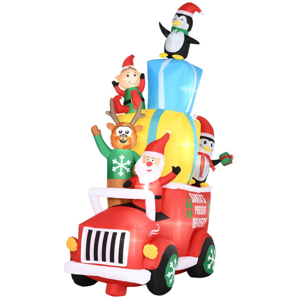 English Elm Outsunny 9Ft Inflatable Santa Gift Car Scene With Elk, Elf & Penguins - Led Holiday Lawn Decor! W2225P249963-GIGA