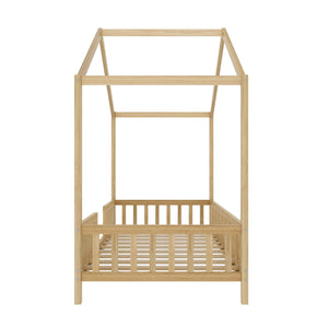 English Elm Montessori House Bed Frame Twin with Canopy & Full Guardrails, Cozy Kids Platform Bed for Toddlers Natural 81.5 L x 16 W x 6.6 H N733P356043M