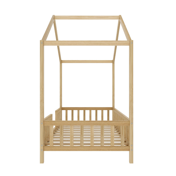 English Elm Montessori House Bed Frame Twin with Canopy & Full Guardrails, Cozy Kids Platform Bed for Toddlers Natural 81.5 L x 16 W x 6.6 H N733P356043M