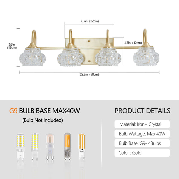 English Elm 23" Modern Crystal Bathroom Vanity Light 4-Light Wall Sconce with Clear Glass Shades, Elegant Iron Finish Gold W2312P374824