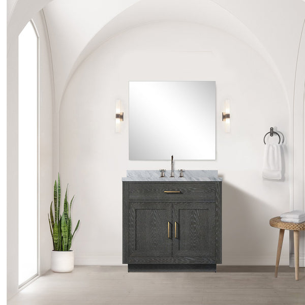 English Elm Black Oak Single Bath Vanity With Carrara Marble Top & 34" Frameless Mirror - Stylish Storage Solution B2731S02114