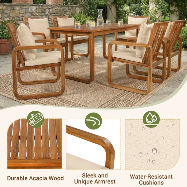 English Elm Outdoor Acacia Wood Dining Set Seats Six with Cushioned Armrest Chairs for Patio Natural Wood+Brown N719Z000200D