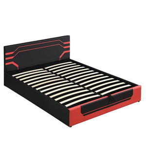 English Elm Modern Cyberpunk Queen Platform Bed Hydraulic Storage Pu Upholstered Gaming Frame Black+Red SF000205AAJ