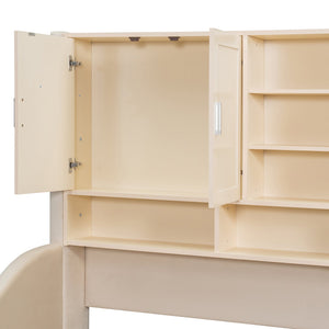 English Elm Twin Upholstered Daybed with LED Armrest Lighting, Hidden Storage Shelves & Lift-Up Pull-Out Trundle Beige SF000198AAA