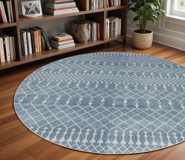 Homeroots 5' Blue Geometric Power Loom Round Rug  Polyester 572514