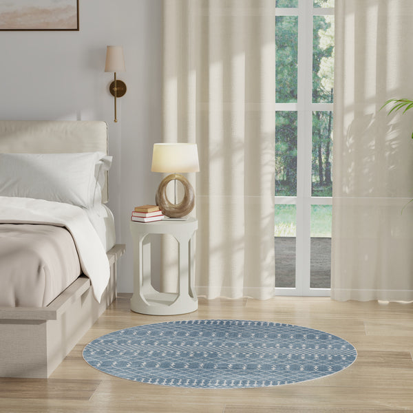 Homeroots 5' Blue Geometric Power Loom Round Rug  Polyester 572514