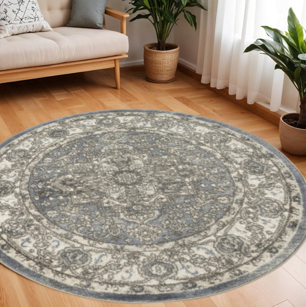 HomeRoots 8' Blue Floral Power Loom Rug - Timeless Charm and Durability for Any Room Décor, Easy Care Design 8' Round 572519