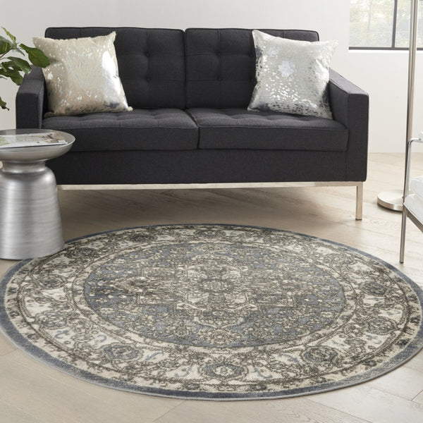 HomeRoots 8' Blue Floral Power Loom Rug - Timeless Charm and Durability for Any Room Décor, Easy Care Design 8' Round 572519