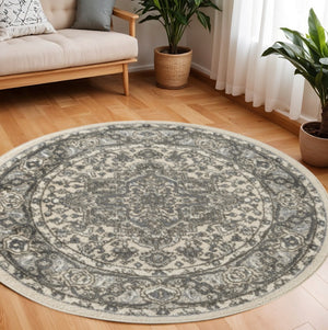 HomeRoots 8' Blue Floral Power Loom Round Rug - Timeless Charm, Durable Design for Any Space, Easy Maintenance 572521