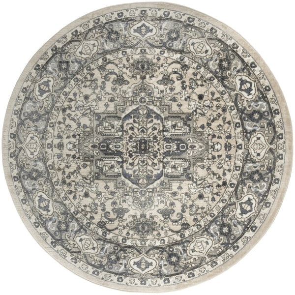 HomeRoots 8' Blue Floral Power Loom Round Rug - Timeless Charm, Durable Design for Any Space, Easy Maintenance 572521