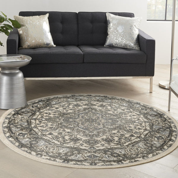 HomeRoots 8' Blue Floral Power Loom Round Rug - Timeless Charm, Durable Design for Any Space, Easy Maintenance 572521
