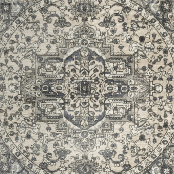 HomeRoots 8' Blue Floral Power Loom Round Rug - Timeless Charm, Durable Design for Any Space, Easy Maintenance 572521