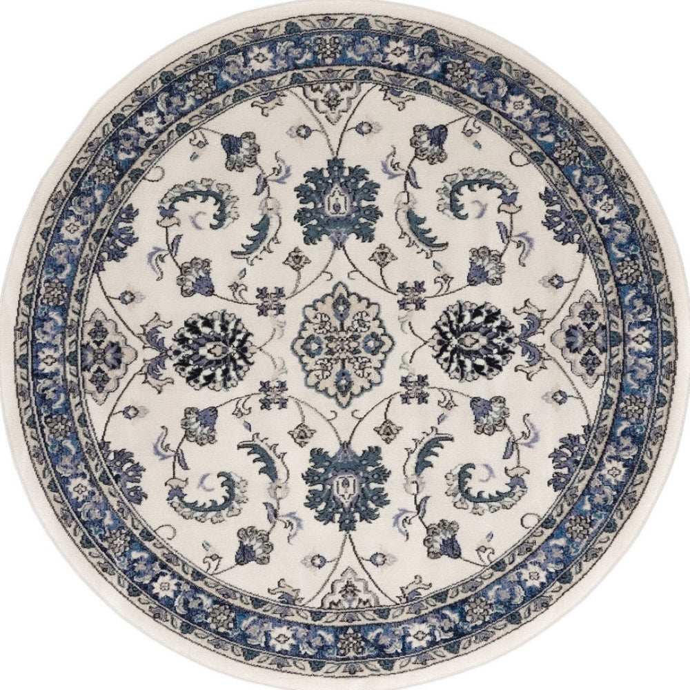HomeRoots 8' Elegant Ivory and Blue Round Floral Rug - Perfect for Indoor/Outdoor Spaces, Easy Care & Stylish Design 572565