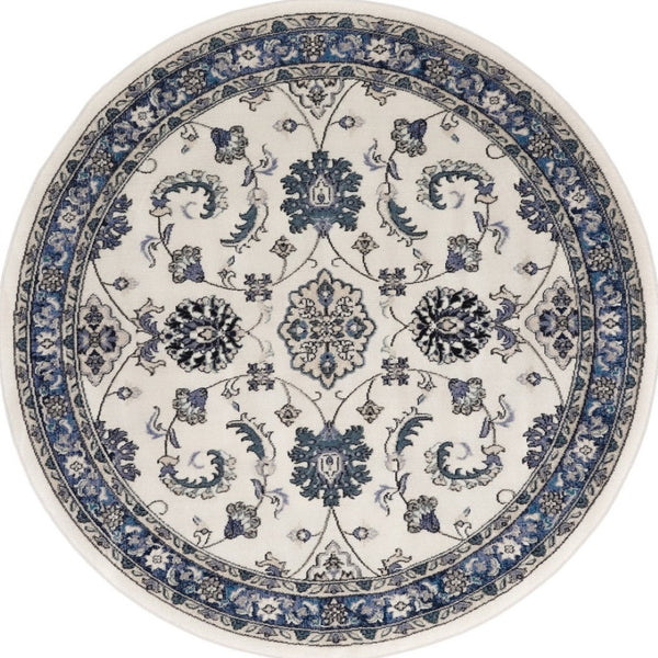 HomeRoots 8' Elegant Ivory and Blue Round Floral Rug - Perfect for Indoor/Outdoor Spaces, Easy Care & Stylish Design 572565