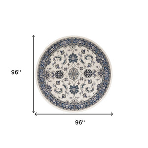 HomeRoots 8' Elegant Ivory and Blue Round Floral Rug - Perfect for Indoor/Outdoor Spaces, Easy Care & Stylish Design 572565