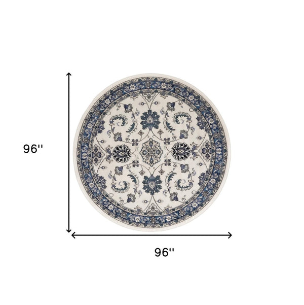 HomeRoots 8' Elegant Ivory and Blue Round Floral Rug - Perfect for Indoor/Outdoor Spaces, Easy Care & Stylish Design 572565