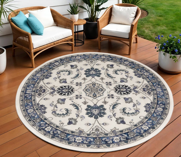 HomeRoots 8' Elegant Ivory and Blue Round Floral Rug - Perfect for Indoor/Outdoor Spaces, Easy Care & Stylish Design 572565