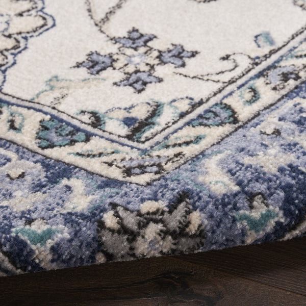 HomeRoots 8' Elegant Ivory and Blue Round Floral Rug - Perfect for Indoor/Outdoor Spaces, Easy Care & Stylish Design 572565