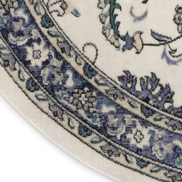 HomeRoots 8' Elegant Ivory and Blue Round Floral Rug - Perfect for Indoor/Outdoor Spaces, Easy Care & Stylish Design 572565