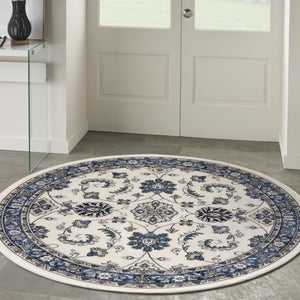 HomeRoots 8' Elegant Ivory and Blue Round Floral Rug - Perfect for Indoor/Outdoor Spaces, Easy Care & Stylish Design 572565