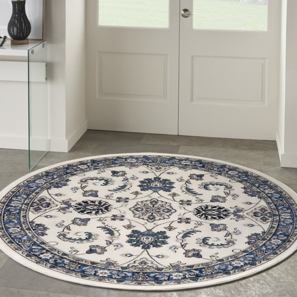 HomeRoots 8' Elegant Ivory and Blue Round Floral Rug - Perfect for Indoor/Outdoor Spaces, Easy Care & Stylish Design 572565