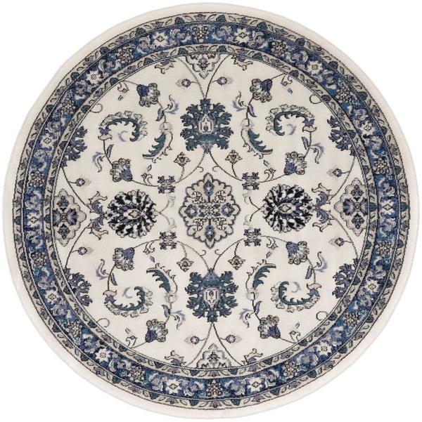 HomeRoots 8' Elegant Ivory and Blue Round Floral Rug - Perfect for Indoor/Outdoor Spaces, Easy Care & Stylish Design 572565
