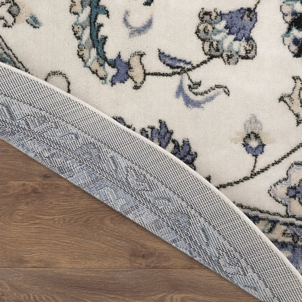 HomeRoots 8' Elegant Ivory and Blue Round Floral Rug - Perfect for Indoor/Outdoor Spaces, Easy Care & Stylish Design 572565