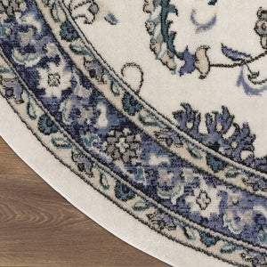 HomeRoots 8' Elegant Ivory and Blue Round Floral Rug - Perfect for Indoor/Outdoor Spaces, Easy Care & Stylish Design 572565