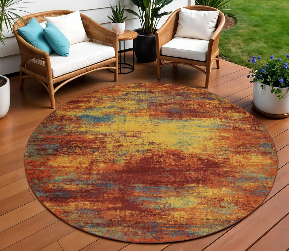 HomeRoots 8' Flame Round Abstract Area Rug - Modern Indoor/Outdoor Design, Stain-Resistant & Easy to Clean 572566
