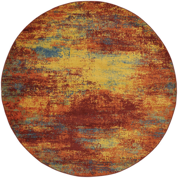 HomeRoots 8' Flame Round Abstract Area Rug - Modern Indoor/Outdoor Design, Stain-Resistant & Easy to Clean 572566