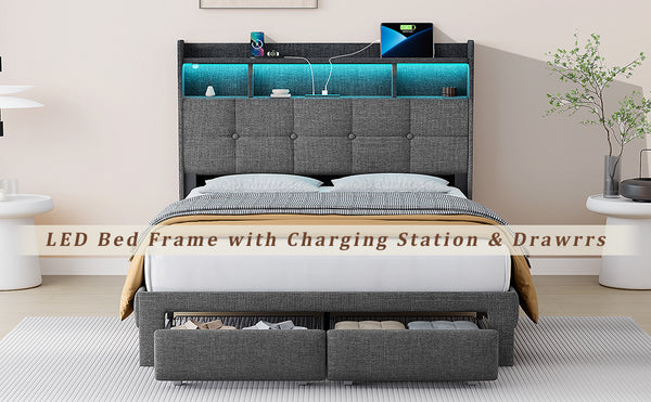 English Elm Full LED Linen Bed Frame with Headboard Storage, 2 Drawers, Fast Charging Ports & Nightlight Ambiance W1550P190364