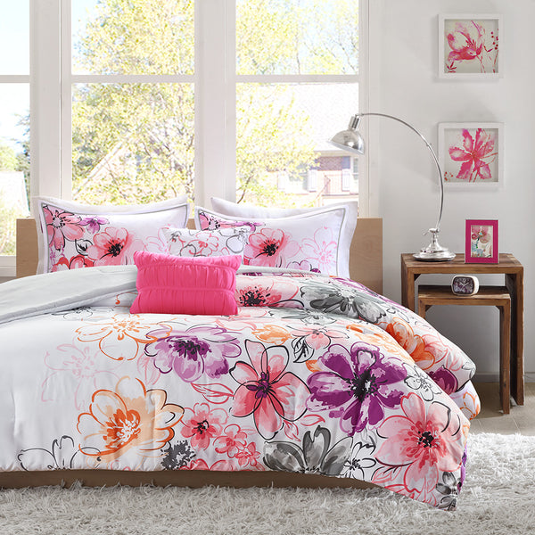 JLA Home Intelligent Design - Floral Vibrant Asymmetrical Comforter Set with Embroidered Pillows, Antimicrobial, Machine Washable 104 L x 90 W x 1.5H ID10-238